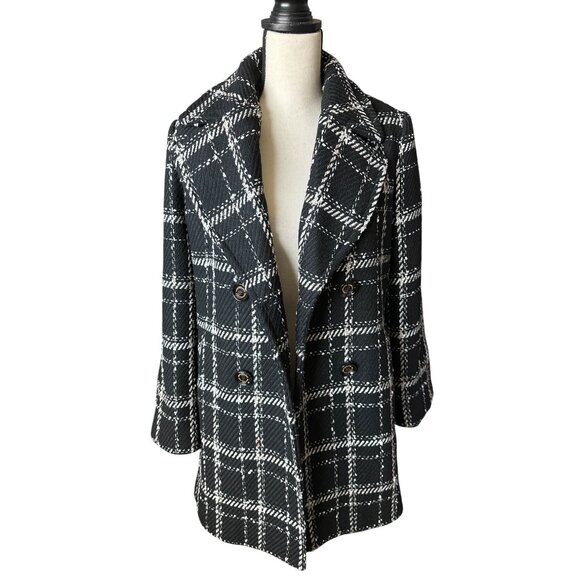 Sam Edelman Tweed Pea Coat Black Double-Breasted Plaid Lined Size Large - Picture 6 of 10